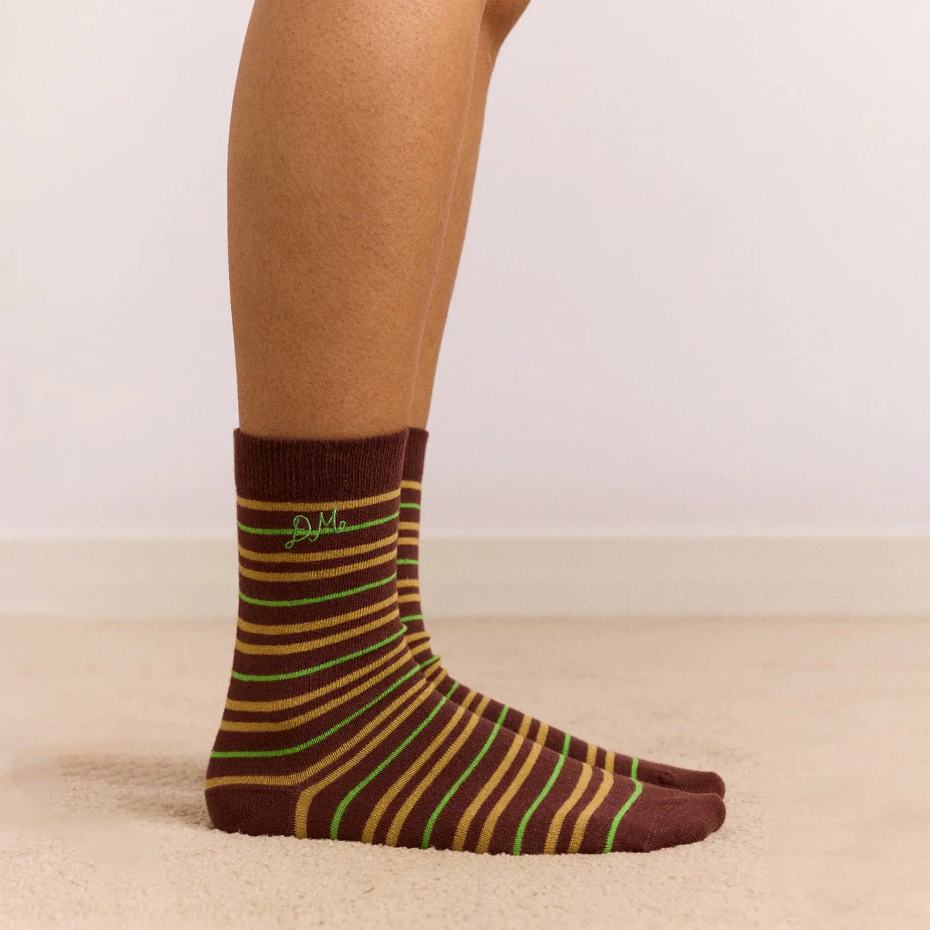Damson Madder Multi Stripe Socks-Choc / Lime Multi - Image 4