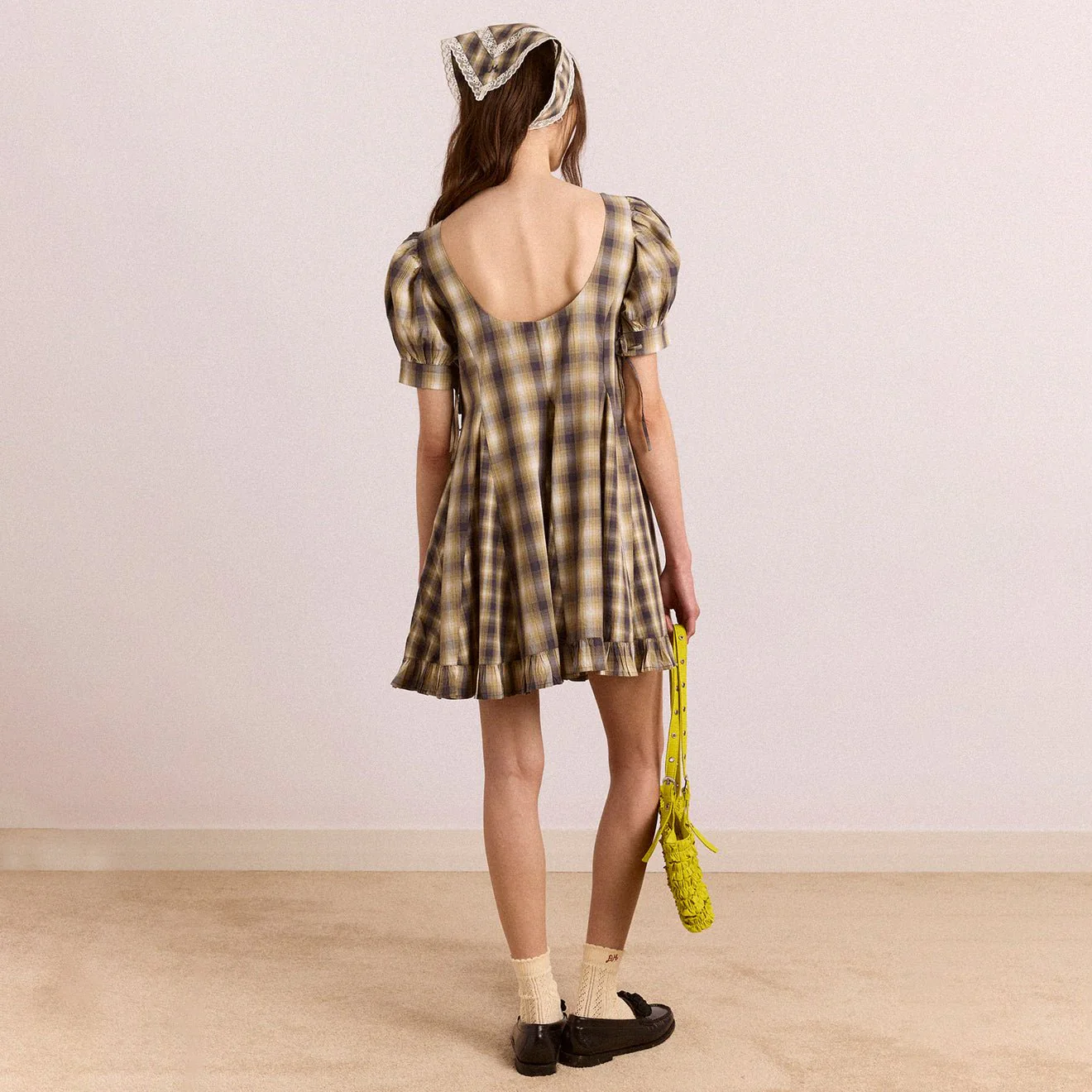 Damson Madder Sabina Mini Godet Dress Mix Check Cardamon - Image 6