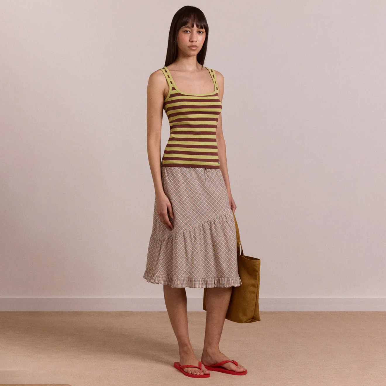 Damson Madder Womens Sigourney Ruffle Spiral Skirt Ginger Check - Image 4