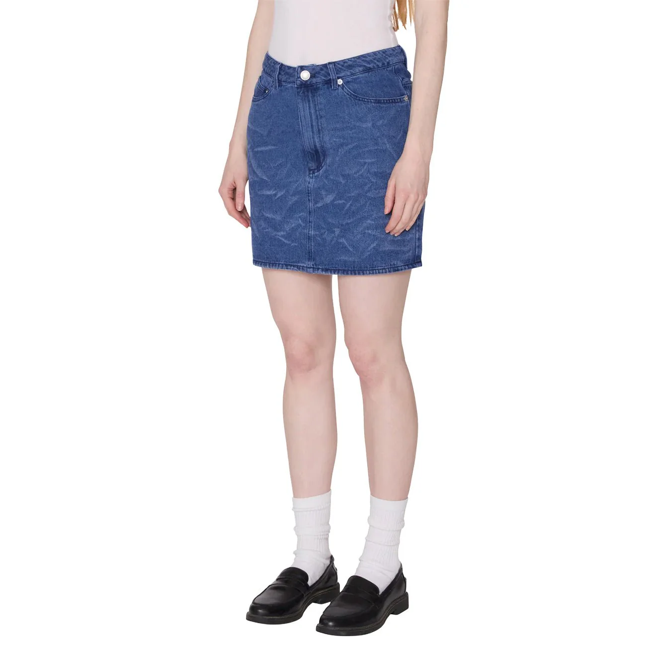Obey Womens Trinity Wrinkle Denim Skirt Medium Stonewash Indigo Wrinkle - Image 4