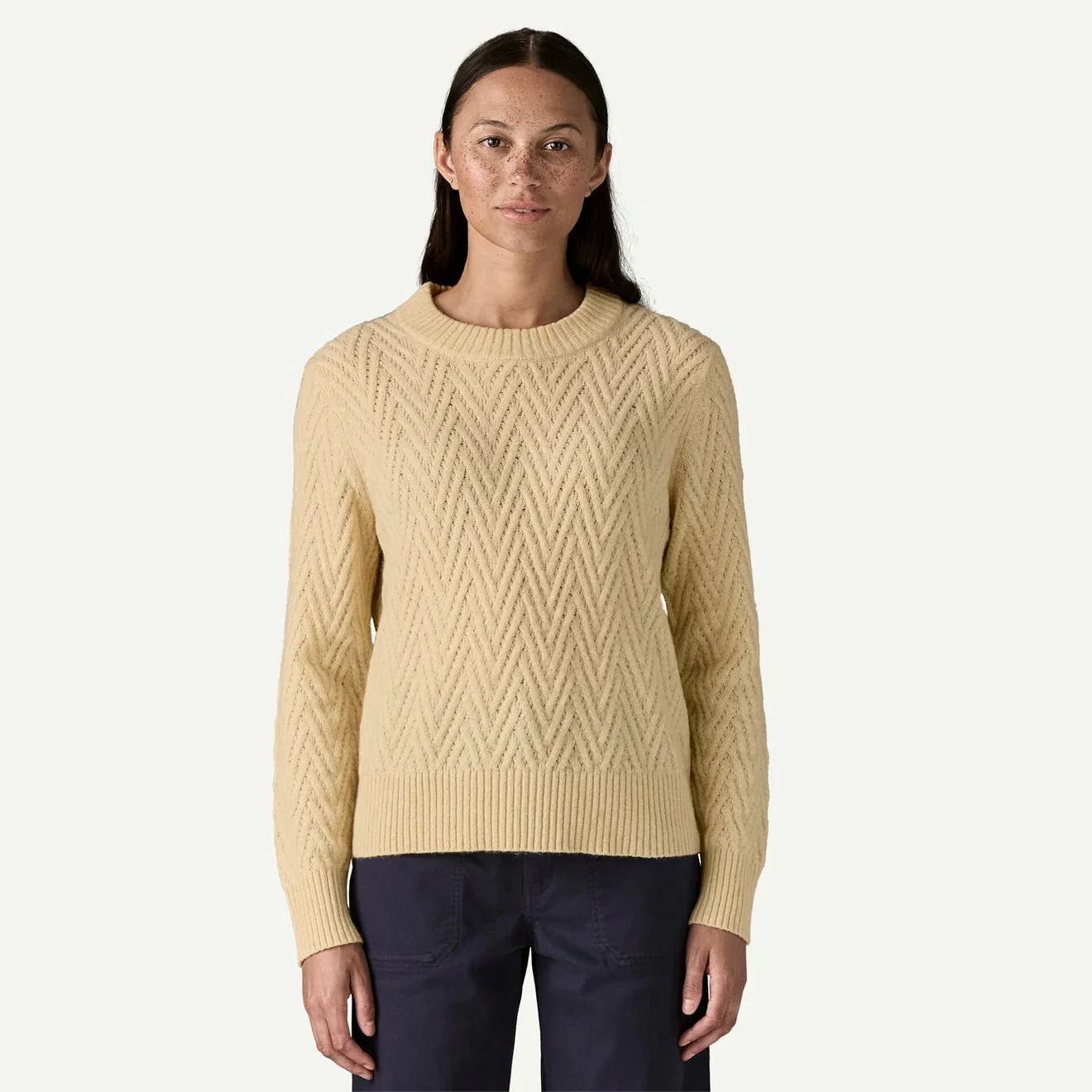 Patagonia Womens Recycled Wool-Blend Crewneck Sweater Chevron Cable Dark Natural - Image 3